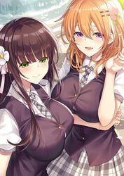  2girls :d aged_up alternate_breast_size arm_under_breasts blunt_bangs breasts brown_hair closed_mouth collared_shirt commentary duplicate flower fountain gochuumon_wa_usagi_desu_ka? green_eyes grey_necktie grey_skirt hair_between_eyes hair_flower hair_ornament hairclip hand_up highres hoto_cocoa ks_(xephyrks) large_breasts looking_at_viewer multiple_girls necktie open_mouth orange_hair outdoors pixel-perfect_duplicate plaid plaid_neckwear plaid_skirt purple_eyes school_uniform shirt short_sleeves skirt smile standing taut_clothes taut_vest tedeza_rize&#039;s_school_uniform ujimatsu_chiya upper_body vest waistcoat white_shirt 