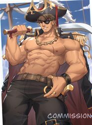  1boy abs absurdres bad_id bad_weibo_id bara belt biceps blonde_hair blurry blurry_background boat bracelet chains cloud cloudy_sky commentary commission eugene_kidd eyepatch facial_hair gun hand_on_own_hip hat highres jacket jewelry large_pectorals long_sideburns looking_at_viewer machete male_focus muscular muscular_male necklace nipples open_clothes open_jacket original outdoors over_shoulder pants pectorals pirate pirate_hat red_eyes ring sailing scar scar_on_arm scar_on_chest scar_on_face scar_on_stomach shoulder_pads sideburns sky smile solo stomach stubble sword tan tekkowang thick_arms topless_male watercraft weapon weapon_over_shoulder 