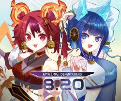  2girls animal_ears arm_up bare_shoulders blue_eyes blue_hair breasts cat_ears cat_girl choker commentary_request crop_top dated detached_sleeves duel_monster earrings english_text ha-re_the_sword_mikanko hand_up highres holding jewelry long_sleeves medium_breasts midriff multiple_girls ni-ni_the_mirror_mikanko open_mouth red_eyes red_hair surphase twintails upper_body yu-gi-oh! 