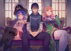  1boy 2girls animal_ears armpits bandeau bare_shoulders belt black_legwear blonde_hair blue_eyes blue_hair braid braided_ponytail breasts brown_eyes cape character_request circlet closed_mouth collarbone commentary_request couch crossed_legs dress earrings elf endenburg_no_hanayome eyeliner feet_out_of_frame fins forced_smile frilled_dress frilled_hat frills gem girl_sandwich glint grabbing_another&#039;s_ear green_dress hand_on_another&#039;s_ear hat head_fins indoors jewelry lens_flare long_hair long_sleeves looking_at_another looking_at_viewer makeup medium_breasts midriff miniskirt multiple_girls official_art on_couch pirate_hat pleated_skirt pointy_ears red_cape red_skirt sandwiched see-through shirt sidelocks sitting skirt sleeveless sleeveless_shirt small_breasts sweatdrop thighhighs thighs tied_shirt torn_clothes torn_shirt white_legwear white_shirt window yasumo_(kuusouorbital) 