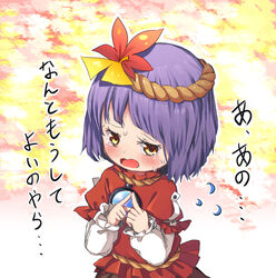  abstract_background absurdres aged_down commentary crying crying_with_eyes_open female flying_sweatdrops from_above ginkgo_leaf gradient_background hair_ornament highres layered_sleeves leaf leaf_hair_ornament long_sleeves looking_away maple_leaf mirror puffy_short_sleeves puffy_sleeves purple_hair red_eyes red_shirt rope shimenawa shirt short_hair short_sleeves solo standing steepled_fingers tatuhiro tears touhou translated upper_body yasaka_kanako 