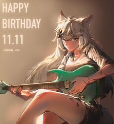  animal_ears arknights breasts chinese_commentary commentary crossed_legs electric_guitar feet_out_of_frame female guitar hair_ornament instrument lappland_(arknights) left-handed long_hair looking_at_viewer material_growth oripathy_lesion_(arknights) scar shiiorina solo tail white_hair wolf_ears 