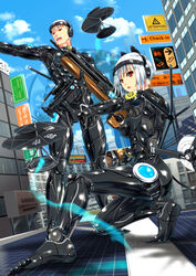  1boy absurdres ano_hito bad_id bad_pixiv_id barcode barcode_tattoo building bullpup city commentary_request cyborg drone female gun h&amp;k_mp5k headphones highres joints looking_at_viewer on_one_knee original red_eyes rifle robot_joints science_fiction scope sefirot shiny short_hair sign skyscraper sniper_rifle submachine_gun tattoo teeth upper_teeth_only walther walther_wa_2000 weapon white_hair 