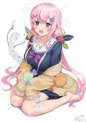  @_@ barefoot breasts cardigan cup female holding holding_cup iltusa long_hair looking_up medium_breasts nijisanji nijisanji_kr open_mouth pink_hair sailor_collar saliva sitting sleeves_past_fingers sleeves_past_wrists solo very_long_hair virtual_youtuber wariza white_background yang_nari yang_nari_(1st_costume) yellow_cardigan 