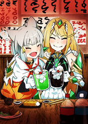  2girls absurdres animal_ears arm_around_shoulder blonde_hair blush cat_ears chopsticks cup drinking_glass drunk food gloves grey_hair highena highres multiple_girls mythra_(xenoblade) nia_(xenoblade) oerba_yun_fang open_mouth smile squeans table tiara white_gloves xenoblade_chronicles_(series) xenoblade_chronicles_2 