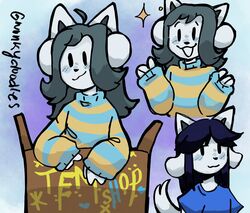  absurd_res ambiguous_gender anthro blush bob_(undertale) canid canine clothed clothing felid feline fur hair happy hi_res long_sleeve_shirt long_sleeves mammal open_mouth shirt simple_background solo tem temmie_(undertale) text topwear undertale undertale_(series) white_body wonkydoodles 