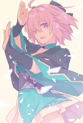  cosplay fate/grand_order fate_(series) female hair_over_one_eye highres japanese_clothes kimono looking_at_viewer mash_kyrielight obi okita_souji_(fate) okita_souji_(koha-ace) okita_souji_(koha-ace)_(cosplay) petals purple_eyes purple_hair raised_eyebrow saipaco sash short_hair short_kimono smile solo 