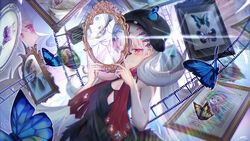  absurdres black_dress black_headwear blue_butterfly breasts broken_mirror bug butterfly cleavage dress female ghost grey_hair hair_behind_ear highres holding holding_mirror long_hair mirror nattsume_(natttsume) nijisanji nijisanji_en painting_(object) poppi_(reimu_endou) purple_eyes reimu_endou sidelocks small_breasts smile solo twintails very_long_hair virtual_youtuber 