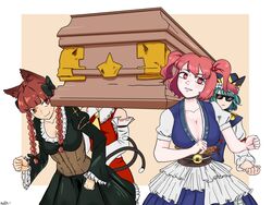  4girls :3 adapted_costume animal_ear_fluff animal_ears ascot bare_shoulders beige_background black_bow blunt_bangs border bow braid breasts cat_ears cat_tail cleavage closed_mouth coffin commentary corset cowboy_shot dancing_pallbearers_(meme) deal_with_it_(meme) detached_sleeves embellished_costume english_commentary eyebrows_hidden_by_hair eyelashes frills green_hair hair_bobbles hair_ornament hair_ribbon hairbow hakurei_reimu hat highres juliet_sleeves kaenbyou_rin light_blush light_smile long_hair long_sleeves looking_to_the_side medium_breasts meme multiple_girls multiple_tails nekomata onozuka_komachi outside_border parted_lips puffy_sleeves ramnik5 red_eyes red_hair red_skirt red_vest ribbon sarashi serious shiki_eiki short_hair simple_background skirt sunglasses tail touhou tress_ribbon twin_braids twintails two_side_up two_tails vest white_background white_border yellow_ascot 