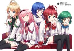  5girls ^_^ asahina_akane_(1st_costume)_(nijisanji) asahina_akane_(nijisanji) black_shirt black_skirt blazer blonde_hair blue_eyes brown_eyes closed_eyes collared_shirt dolphin_hair_ornament flat_chest green_eyes green_necktie hair_behind_ear highres jacket kitakoji_hisui kitakoji_hisui_(1st_costume) long_hair minowa_sukyaru multiple_girls necktie nijisanji nishizono_chigusa nishizono_chigusa_(1st_costume) oerba_yun_fang pink_hair purple_eyes red_hair school_uniform selene_girls_school_(nijisanji) selene_girls_school_uniform shirt short_hair sitting skirt smile suo_sango suo_sango_(1st_costume) thighhighs tied_hair todo_kohaku todo_kohaku_(1st_costume) v virtual_youtuber white_jacket 