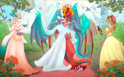  absurd_res anthro auroth_the_winter_wyvern bitemylip bridal_carry carrying_another claws clothed clothing dota dragon dress european_mythology female flower group hair hi_res horn mythological_creature mythological_scalie mythology plant scales scalie smile tail teeth wedding wedding_dress western_dragon wings wyvern yasha_(swagd) 