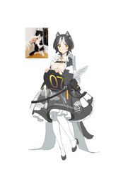  :&lt; absurdres animal_ears apron bahao_diqiu black_dress black_footwear blush breasts cat_ears cat_girl cat_tail chest_strap cleavage cleavage_cutout clothing_cutout commentary dress feathered_wings feline female full_body high_heels highres large_breasts looking_at_viewer low_wings maid maid_apron multicolored_hair orange_eyes original pantyhose petticoat photo_inset reference_inset see-through see-through_apron short_hair simple_background solo standing standing_on_one_leg streaked_hair tachi-e tail tray white_background white_hair white_pantyhose wings 