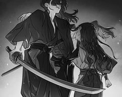  3boys absurdres bruise bruise_on_face clenched_hand covered_eyes cowboy_shot floating_hair greyscale hair_over_eyes hakama highres hip_vent holding holding_sword holding_weapon ine_(zx_o4) injury japanese_clothes katana kimono light_particles long_hair male_focus monochrome multiple_boys original outstretched_arms ponytail scabbard sheath side-by-side simple_background standing sword unconscious unsheathed weapon wrist_guards 