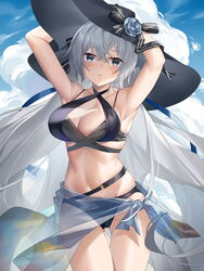  armpits arms_behind_head arms_up bikini breasts bronya_zaychik bronya_zaychik_(silverwing:_n-ex) cleavage commentary_request cowboy_shot criss-cross_halter crossed_bangs drill_hair female ginklaga grey_eyes grey_hair halterneck hat highres honkai_(series) honkai_impact_3rd long_hair outdoors sarong see-through sun_hat swimsuit twin_drills 