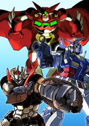  amakawa_mayu cape clenched_hand crossover getter-1 getter_robo green_eyes gun gundam highres holding holding_gun holding_weapon mazinger_(series) mazinger_z mazinger_z:_infinity mazinger_z_(mecha) mecha mobile_suit mobile_suit_gundam multiple_crossover open_hands red_cape robot rx-78-2 science_fiction shin_getter_robo super_robot super_robot_wars super_robot_wars_30 v-fin weapon yellow_eyes 