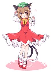  animal_ear_piercing animal_ears bad_id bad_pixiv_id blush bobby_socks bow bowtie brown_eyes brown_hair cat_ears cat_tail chen dress female fingernails frilled_skirt frills full_body green_hat hands_up hat jewelry long_sleeves mob_cap multiple_tails nekomata paw_pose red_dress ribbon-trimmed_sleeves ribbon_trim shirt short_hair skirt socks solo sweatdrop tail touhou two_tails white_background white_shirt white_socks yellow_bow yellow_bowtie yukimiya_(parupunta) 