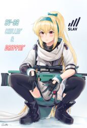  artist_name black_bodysuit blonde_hair bodysuit bolt_action boots bow female gamryous girls&#039;_frontline gloves green_hairband gun hairband hairbow highres jacket long_hair looking_at_viewer multicolored_clothes multicolored_gloves ponytail red_eyes rifle russian_flag scarf slav_squatting sniper_rifle solo squatting sv-98 sv-98_(girls&#039;_frontline) sv-98_(mod3)_(girls&#039;_frontline) thighhighs turtleneck v weapon white_jacket white_scarf 