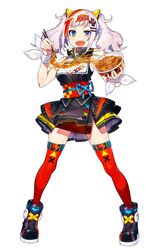  :d ankle_boots black_footwear black_kimono blue_eyes blue_ribbon boots breasts cleavage commentary_request cup_ramen d-pad d-pad_hair_ornament female food full_body grey_hair hair_ornament hairclip highres holding holding_food instant_soba japanese_clothes kaguya_luna kimono large_breasts legs_apart looking_at_viewer mika_pikazo nissin_yakisoba_ufo obi open_mouth pink_hair red_sash red_thighhighs ribbon sash short_kimono simple_background sleeveless sleeveless_kimono smile solo standing the_moon_studio thighhighs twintails virtual_youtuber white_background wristband yakisoba zettai_ryouiki 