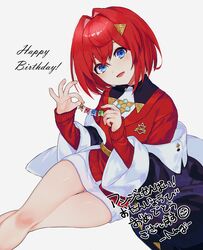  ange_katrina ange_katrina_(1st_costume) black_jacket blue_sweater character_name female grey_background happy_birthday head_tilt highres jacket light_blush looking_at_viewer nijisanji off_shoulder red_hair red_sweater short_hair sitting so_nagi_(artist) solo sweater virtual_youtuber 