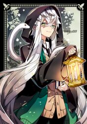  1boy asclepius_(fate) asclepius_(my_student_council)_(fate) black_jacket fate/grand_order fate_(series) gloves green_eyes hair_between_eyes hood hood_up hooded_jacket jacket lantern long_hair looking_at_viewer male_focus moru necktie snake solo upper_body very_long_hair white_hair 