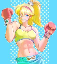  abs bandaid bandaid_on_cheek bandaid_on_face battle_mania bb9_megadrive biting blonde_hair blue_eyes blue_shorts boxing_gloves boxing_shorts breasts cleavage commentary_request female grin hairband high_ponytail highres medium_breasts muscular muscular_female navel one_eye_closed ootorii_mania red_hairband shorts smile solo sports_bra starry_background upper_body yellow_sports_bra 