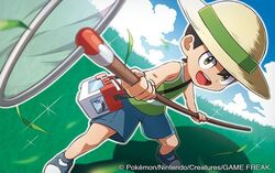  1boy bad_id bad_twitter_id black_hair blue_shorts blue_sky bug_catcher_(pokemon) butterfly_net cloud cloudy_sky day furrowed_brow grass green_shirt hand_net hat holding holding_butterfly_net kirisaki_(gin16k) lolicon looking_at_viewer male_focus official_art outdoors pokemon pokemon_lgpe pokemon_tcg shadow shirt shoes shorts sky sleeveless sleeveless_shirt standing straw_hat third-party_source watermark yellow_eyes 