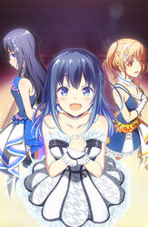  3girls :d arms_behind_back blonde_hair blue_dress blue_eyes blue_hair blush bow choker collarbone detached_collar dress feather_trim frilled_dress frills hairbow hand_on_own_chest highres houndstooth idol idoly_pride kawasaki_sakura_(idoly_pride) kinoshita_sumie long_hair looking_at_viewer multiple_girls nagase_kotono nagase_mana official_art open_mouth own_hands_together sleeveless sleeveless_dress smile strapless strapless_dress twintails wrist_cuffs 