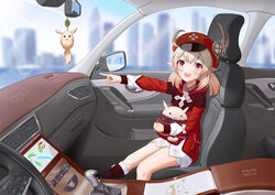  :d ahoge bloomers blurry boots brown_footwear brown_gloves brown_scarf building cabbie_hat car car_interior car_seat chibi clover_print coat commentary_request dashboard depth_of_field dodoco_(genshin_impact) female genshin_impact gloves gps hair_between_eyes hat highres holy_guagua hugging_doll hugging_object jumpy_dumpty klee_(genshin_impact) knee_boots light_brown_hair long_hair long_sleeves looking_at_viewer low_twintails mirror motor_vehicle orange_eyes pocket pointing pointing_to_the_side red_coat red_hat scarf sidelocks sitting skyline skyscraper smile solo stuffed_animal stuffed_toy twintails underwear 