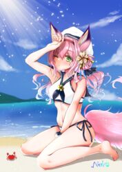  absurdres alternate_costume animal_ears azur_lane bare_shoulders beach blush breasts commentary_request crab female flower fox_ears fox_girl green_eyes hair_ornament hanazuki_(azur_lane) highres long_hair medium_breasts nako_nya outdoors pink_hair signature solo swimsuit tail 