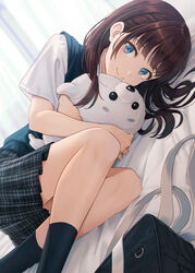  bag black_skirt black_socks black_vest blue_eyes brown_hair closed_mouth commentary crossed_legs dutch_angle female highres hugging_object hyuuga_azuri indoors lying on_side original plaid plaid_skirt pleated_skirt school_bag school_uniform short_sleeves skirt smile socks solo stuffed_animal stuffed_seal stuffed_toy symbol-only_commentary vest 