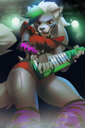  2022 5_fingers alternative_fashion animatronic anthro arm_warmers armwear bracelet breasts canid canine canis claws clothing collar colored_nails crop_top ear_piercing ear_ring eyeshadow facial_markings fangs female fingernails fingers five_nights_at_freddy&#039;s five_nights_at_freddy&#039;s:_security_breach fur glamrock green_fingernails green_hair green_nails grey_body grey_fur guitar hair head_markings highlights_(coloring) jewelry keyboard leg_warmers legwear lipstick looking_at_viewer looking_down machine makeup mammal markings miles_df musical_instrument nails orange_eyes piercing plucked_string_instrument purple_eyeshadow purple_lipstick ring_piercing robot robot_anthro roxanne_wolf scottgames shirt shoulder_pads solo spiked_bracelet spiked_collar spikes steel_wool_studios string_instrument teeth thick_thighs tongue tongue_out topwear white_hair wolf yellow_eyes 