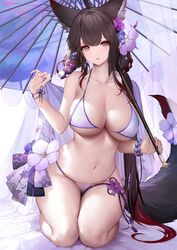  an_yasuri animal_ears bangs banned_artist bikini blue_archive breasts brown_eyes brown_hair female flower fox_ears fox_girl fox_tail hair_flower hair_ornament highres kneeling large_breasts looking_at_viewer navel robe_lift solo swimsuit tail thick_thighs thighs umbrella undressing wakamo_(blue_archive) 