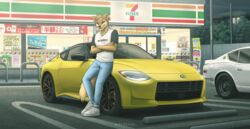  400z 7-eleven anthro blue_eyes bottomwear brown_body brown_fur car clothing crossed_arms denim denim_bottomwear denim_clothing esszx footwear fur gulonine headlights hi_res japan japanese_text jeans kaelan konbini male mammal marten mustelid musteline night nissan nissan_z pants parking_lot pine_marten shoes smile smiling_at_viewer smirk smirking_at_viewer sneakers solo sports_car text vehicle window wofychuu yellow_car 