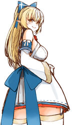  ass blonde_hair blue_bow bow breasts brown_eyes detached_sleeves dress female from_behind gloves hair_behind_ear hairbow hololive huge_bow large_breasts long_hair multicolored_hair pointy_ears ponytail sazare_(sazare_az) shiranui_flare shiranui_flare_(1st_costume) smile solo streaked_hair thighhighs virtual_youtuber white_background white_dress white_gloves zettai_ryouiki 