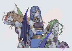  3girls alecto_(hades) black_sclera blonde_hair blue_hair blue_skin brushing_another&#039;s_hair brushing_hair closed_eyes colored_sclera colored_skin commentary_request crop_top cropped_legs ear_piercing eyebrow_piercing fangs green_eyes green_hair grey_background hades_(series) hades_1 hair_brush hair_down highres megaera_(hades) midriff multiple_girls nishiki_areku piercing pink_nails siblings single_wing sisters tisiphone_(hades) wings yellow_eyes 