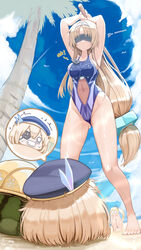  3girls ass_visible_through_thighs barefoot beach black_blindfold black_one-piece_swimsuit blindfold blonde_hair blue_one-piece_swimsuit blue_sky bokken breasts casual_one-piece_swimsuit cloud commentary_request commission covered_eyes covered_navel day enterprise_(warship_girls_r) eyepatch from_below genek hair_ornament highres holding holding_sword holding_weapon hornet_(warship_girls_r) long_hair low-tied_long_hair medium_breasts multicolored_clothes multicolored_swimsuit multiple_girls one-piece_swimsuit outdoors palm_tree short_hair skeb_commission sky squatting standing star_(symbol) star_hair_ornament swimsuit sword tree twintails two-tone_swimsuit very_long_hair warship_girls_r weapon wooden_sword yorktown_(warship_girls_r) 