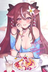  animal_ears bead_bracelet beads blue_shirt bracelet breasts brown_hair choker cleavage commission cup female floppy_ears flower food indie_virtual_youtuber jewelry lilya_kyomi_(fiwivt) long_hair open_mouth pancake shirt skeb_commission solo virtual_youtuber ygcn 