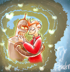  bender_bending_rodr&iacute;guez clothing comedy_central duo futurama hair heart_symbol hug human jacket machine male male/male mammal missuspatches not_furry orange_hair philip_j._fry red_clothing red_jacket red_topwear robot smile topwear 