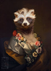  absurd_res anthro black_body black_fur blue_flower brown_theme clothing digital_media_(artwork) digital_painting_(artwork) dress eye_markings female flower fur glistening glistening_clothing glistening_eyes gold_clothing half-length_portrait hi_res ira-arn looking_at_viewer mammal markings pink_flower plant portrait procyonid purple_eyes raccoon red_flower renaissance shaded silver_clothing simple_background solo watermark white_body white_flower white_fur 