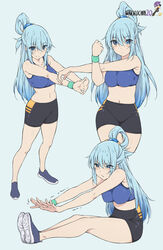  aqua_(konosuba) aqua_wristband armpit_crease artist_name bare_arms bare_legs bike_shorts black_shorts blue_background blue_eyes blue_footwear blue_hair blue_sports_bra breasts closed_mouth commentary dated_commentary english_commentary eyes_visible_through_hair female hair_over_eyes hair_rings hands_up highres impossible_clothes impossible_shirt kono_subarashii_sekai_ni_shukufuku_wo! large_breasts legs long_hair looking_at_viewer multiple_views navel shirt shoe_soles shoes shorts simple_background sitting skin_tight sneakers sports_bra sportswear stretching sweatband trembling wakkuchin20 watermark wristband 