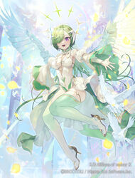  bird breasts bridal_gauntlets cleavage_cutout clothing_cutout commentary_request copyright_name copyright_notice detached_sleeves dot_nose dress feathered_wings female gambiel_(z/x) gloves gradient_legwear green_hair green_thighhighs hair_over_one_eye halo high_heels highres knees_together_feet_apart long_sleeves looking_at_viewer medium_breasts natsuiro_xx official_art one_eye_covered open_mouth outstretched_arms puffy_long_sleeves puffy_sleeves purple_eyes sleeveless sleeveless_dress smile solo teeth thighhighs thighs upper_teeth_only watermark white_dress white_gloves white_thighhighs white_wings wings z/x 