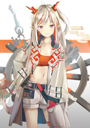  arknights bandeau belt black_belt coat collared_coat commentary_request contrapposto cowboy_shot crop_top female gloves hand_in_pocket high_collar highres horns koge_nattou long_hair long_sleeves looking_at_viewer midriff navel nian_(arknights) open_clothes open_coat orange_bandeau orange_horns pink_gloves pointy_ears purple_eyes red_bandeau red_tube_top shorts sleeves_past_wrists smile solo standing strapless teeth tube_top white_background white_coat white_shorts 