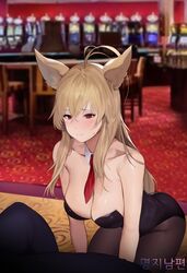  absurdres animal_ears antenna_hair bad_id bad_pixiv_id bare_shoulders black_leotard black_pantyhose blonde_hair blush breasts casino cleavage commentary_request commission detached_collar dungeon_and_fighter ellin_meiji embarrassed female fighter_(dungeon_and_fighter) fox_ears highres kneeling korean_commentary large_breasts leotard long_hair looking_down necktie nontraditional_playboy_bunny original pantyhose partial_commentary playboy_bunny red_eyes red_necktie sidelocks solo strapless strapless_leotard striker_(dungeon_and_fighter) sweatdrop uthy 