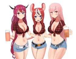  3girls absurdres alternate_breast_size alternate_costume angelchama animal_ears arms_around_back belt black_hair blue_eyes breasts cleavage collarbone cowboy_shot crop_top denim denim_shorts english_text hair_between_eyes hair_down hakos_baelz heterochromia highres hololive hololive_english horns irys_(hololive) large_breasts light_blush long_hair looking_at_viewer matching_outfits medium_breasts mori_calliope mouse_ears multicolored_hair multiple_girls navel open_mouth pink_eyes pink_hair plaid purple_hair scoop_neck shirt short_shorts shorts simple_background stomach streaked_hair tied_shirt twin_peaks_(restaurant) very_long_hair virtual_youtuber white_background white_hair 