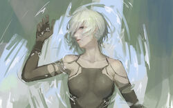  a2_(nier:automata) absurdres android bare_shoulders black_eyes black_gloves black_shirt breasts elbow_gloves female from_above gloves hair_between_eyes highres long_hair looking_at_viewer lying nier:automata nier_(series) on_back one_eye_closed open_mouth shirt sleeveless solo water wet wet_clothes wet_hair white_hair world_(1257843324) 