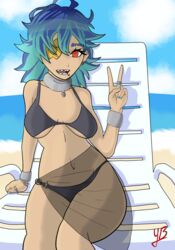  1_eye animal_humanoid bandage beach beach_chair bikini black_bikini black_clothing black_swimwear blue_hair chains clothing colored_nails female fish fish_humanoid hair hi_res humanoid kaimana_(0yamiisan) marine marine_humanoid multicolored_hair nails piercing red_eyes seaside shark_humanoid shark_teeth solo swimwear tan_body two_tone_hair yeetboi420z 