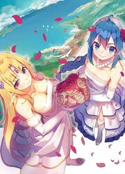  2girls ahoge animal_ears armpit_crease bare_shoulders blonde_hair blue_eyes blue_hair blush bouquet braid braided_ponytail breasts bridal_veil brown_eyes character_request circlet cleavage closed_mouth collarbone commentary_request cover_image dress earrings elbow_gloves elf endenburg_no_hanayome eyeliner fins flower frilled_dress frills from_above garter_straps gloves hair_between_eyes hair_flower hair_ornament head_fins high_heels holding holding_bouquet jewelry large_breasts layered_dress long_hair looking_at_viewer looking_up makeup multiple_girls necklace novel_illustration official_art petals pointy_ears red_flower red_rose rose rose_petals side_slit sidelocks small_breasts smile standing strapless strapless_dress thighhighs veil very_long_hair wedding_dress white_dress white_flower white_rose yasumo_(kuusouorbital) 