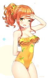  ;o alternative_bust_size arm_behind_back artist_name ayami ayami_(annahibi) ayami_(pixiv_14112962) ayamy bare_shoulders blush breasts brown_hair casual_one-piece_swimsuit cleavage covered_navel cowboy_shot eromanga_sensei eyebrows_visible_through_hair female frills happy high_resolution jinno_megumi long_hair medium_breasts one-piece_swimsuit one_arm_up one_eye_closed orange_eyes orange_hair orange_swimsuit ponytail sidelocks simple_background solo strapless strapless_swimsuit swimsuit thick_thighs thighs tied_hair v white_background wink yellow_eyes yellow_swimsuit 