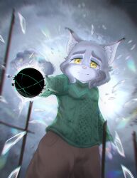  anthro bottomwear canada_lynx clothing disney felid feline fur glass_shards green_clothing green_sweater green_topwear grey_body grey_fur hand_around_object handpaw hi_res kogane_arts lynx male mammal orb pants pawbert_lynxley paws pointy_ears shards shattered_glass snow snowing solo sweater topwear window yellow_eyes zootopia 