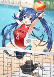  :o armpits arms_up ayami ayami_(annahibi) ayamy bare_shoulders black_legwear black_shorts blue_eyes blue_hair blurry blurry_background breasts bubble choker depth_of_field female glint hair_ornament high_resolution knee_pads long_hair looking_at_viewer medium_breasts midriff official_art open_mouth red_shirt shirt shoes short_shorts shorts sid_story sleeveless sleeveless_shirt sneakers solo sweatband text_on_clothes thighhighs tied_hair twintails very_long_hair volleyball volleyball_net watermark 